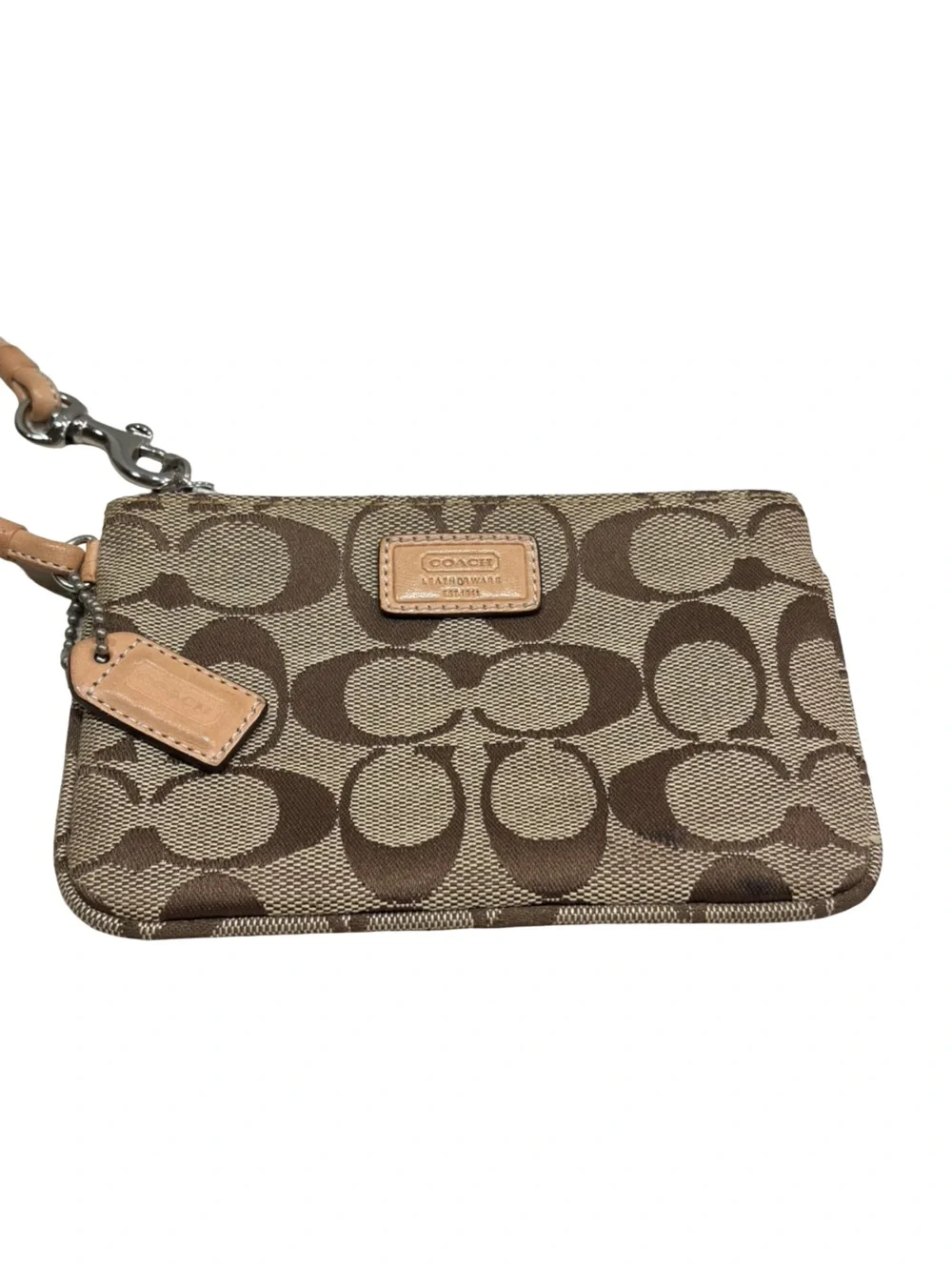 Vintage Coach Brown Signature Canvas Wristlet with Tan Leather Strap